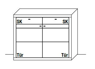 Skizze eines Holzschranks mit zwei Schubladen und zwei Türen